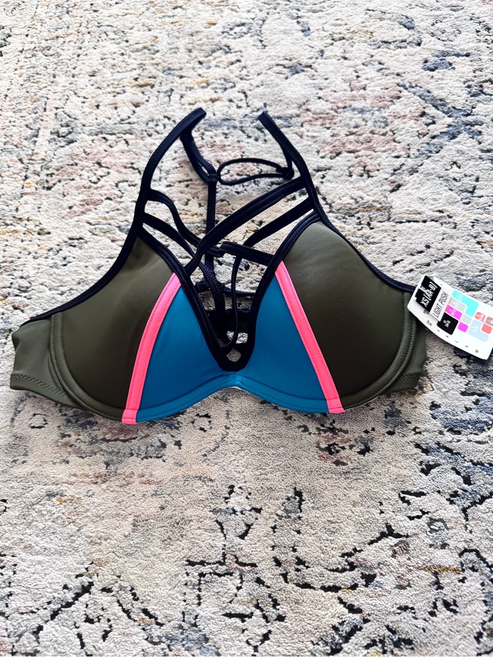 NWT Victoria’s Secret Pink Strappy Colorblock Bikini Top - Olive, Teal & Pink XS